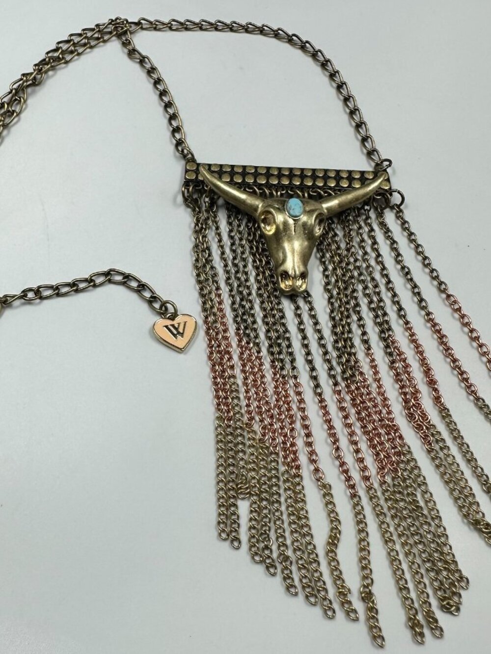 Wildfox Couture Bull Head Pendant Necklace Gold Tone Tassel Chain Fringe Boho
